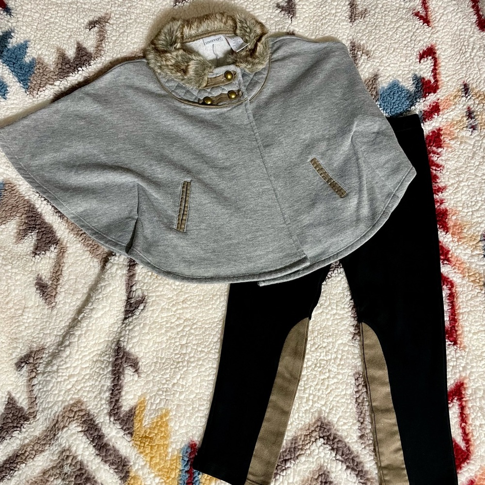 Savannah Gray Faux Fur Poncho and ridding pants outfit.